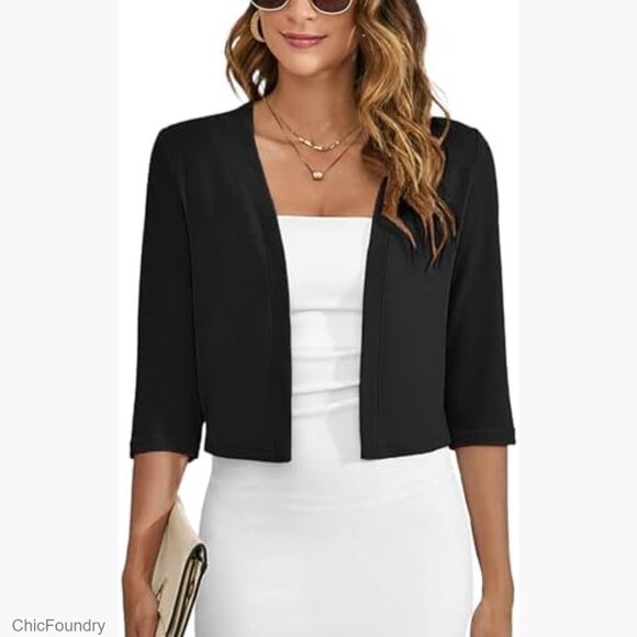 Sweaters - Lightweight 3/4 Sleeve Cropped Cardigan Shrug Open Front Thin Top